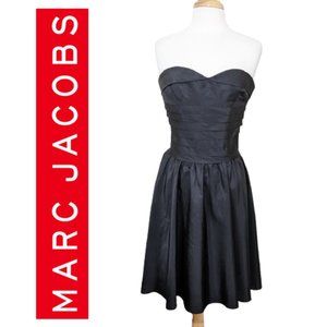 MARC JACOBS Black Silk Strapless Party Dress w/ Pleated Bodice 6